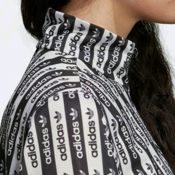 NWT Adidas Cropped Zip Up Track Jacket Top Black & White Striped Logo Boxy LG - Picture 6 of 16